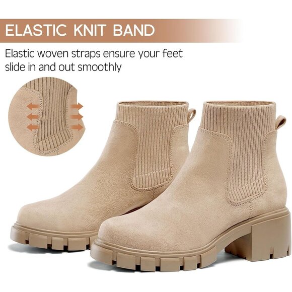 Fitory Ankle Boote Women Tan Thermoplastic Elastomers Mid Heel Elastic - Picture 3 of 6